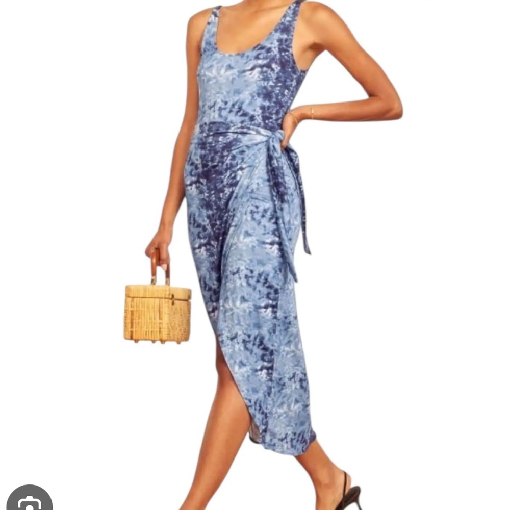 Reformation Jeans Blue Watercolor Kaila Wrap Tank Midi Dress Size Small - Picture 13 of 13